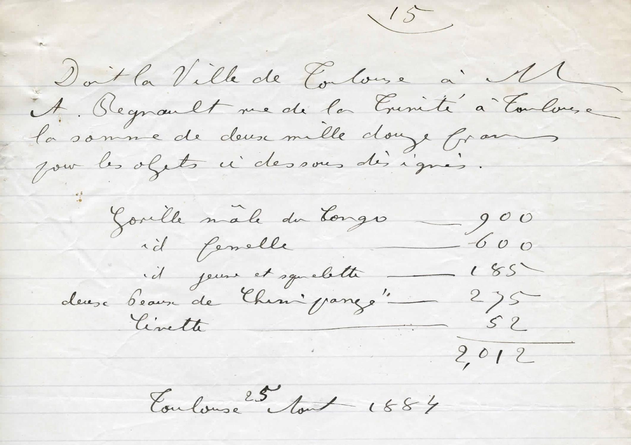 Facture de vente d'Adolphe Régnault de la main de Trutat - Factures 1884 et 1881, cote A 309 4 01