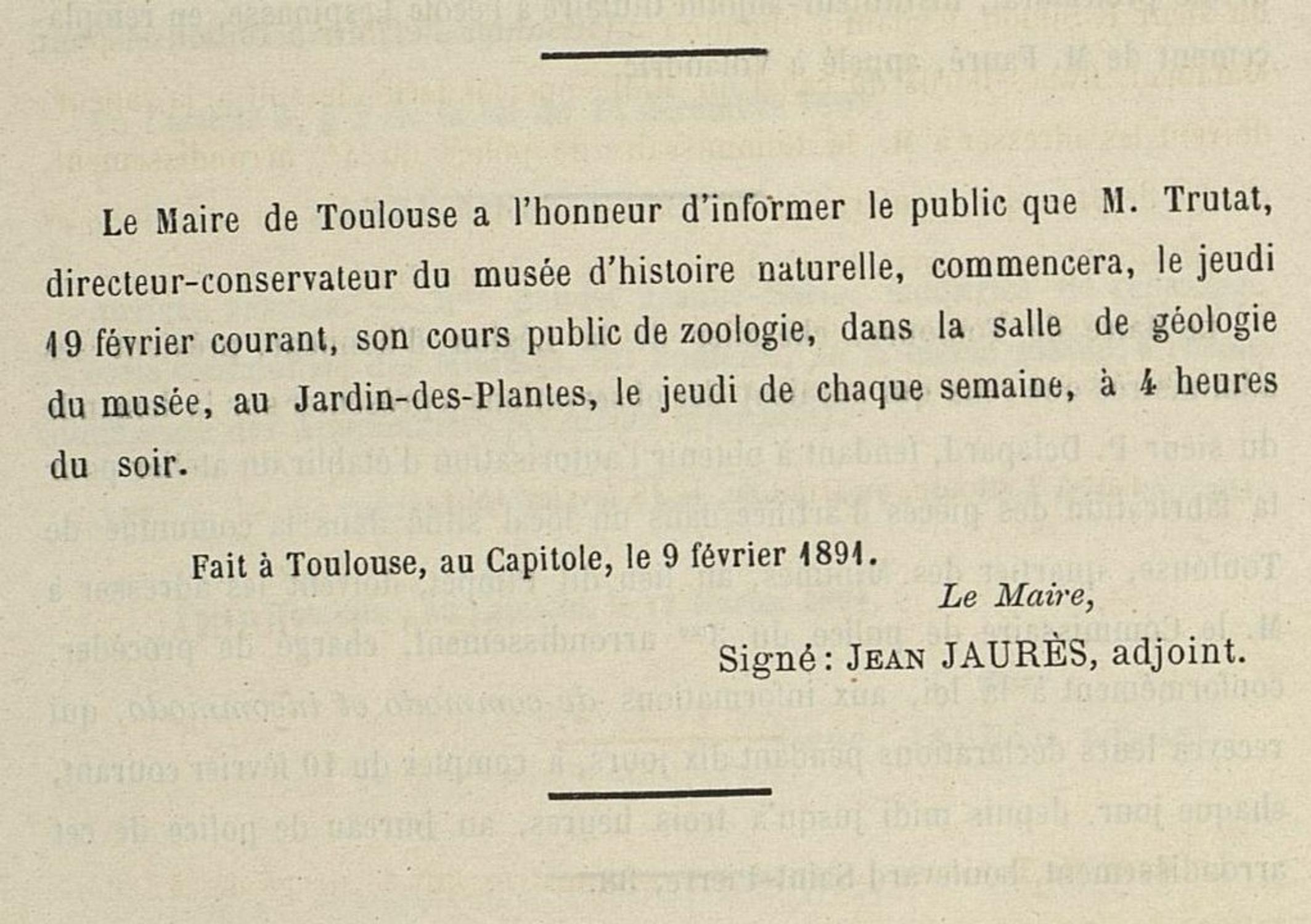 Extrait du Bulletin municipal de Toulouse, février 1891